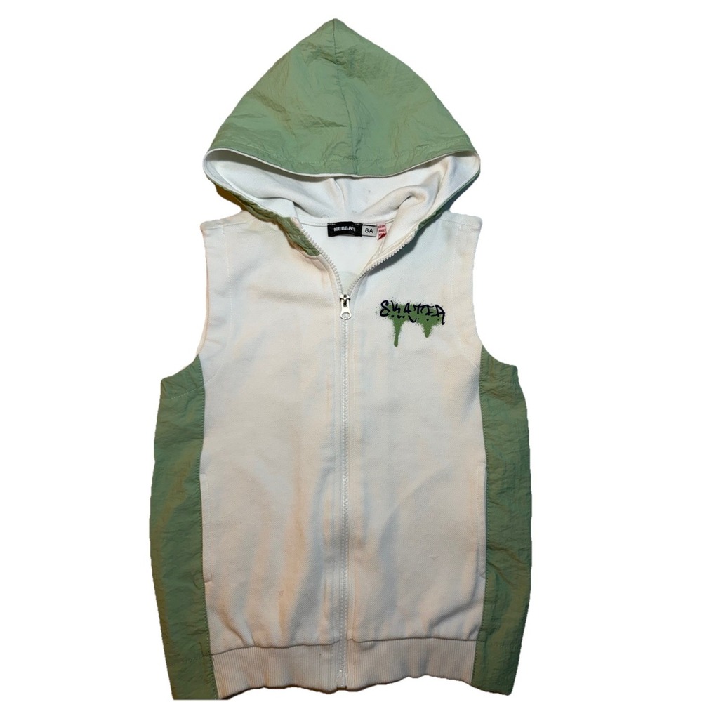 NEBBATI‎ Kids Hooded Zip Vest Green White Skateboard Graphic Sleeveless Size 8A